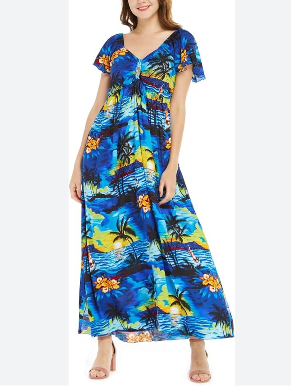 Blue Tropical Print Maxi Dress - V-Neck Summer Midi